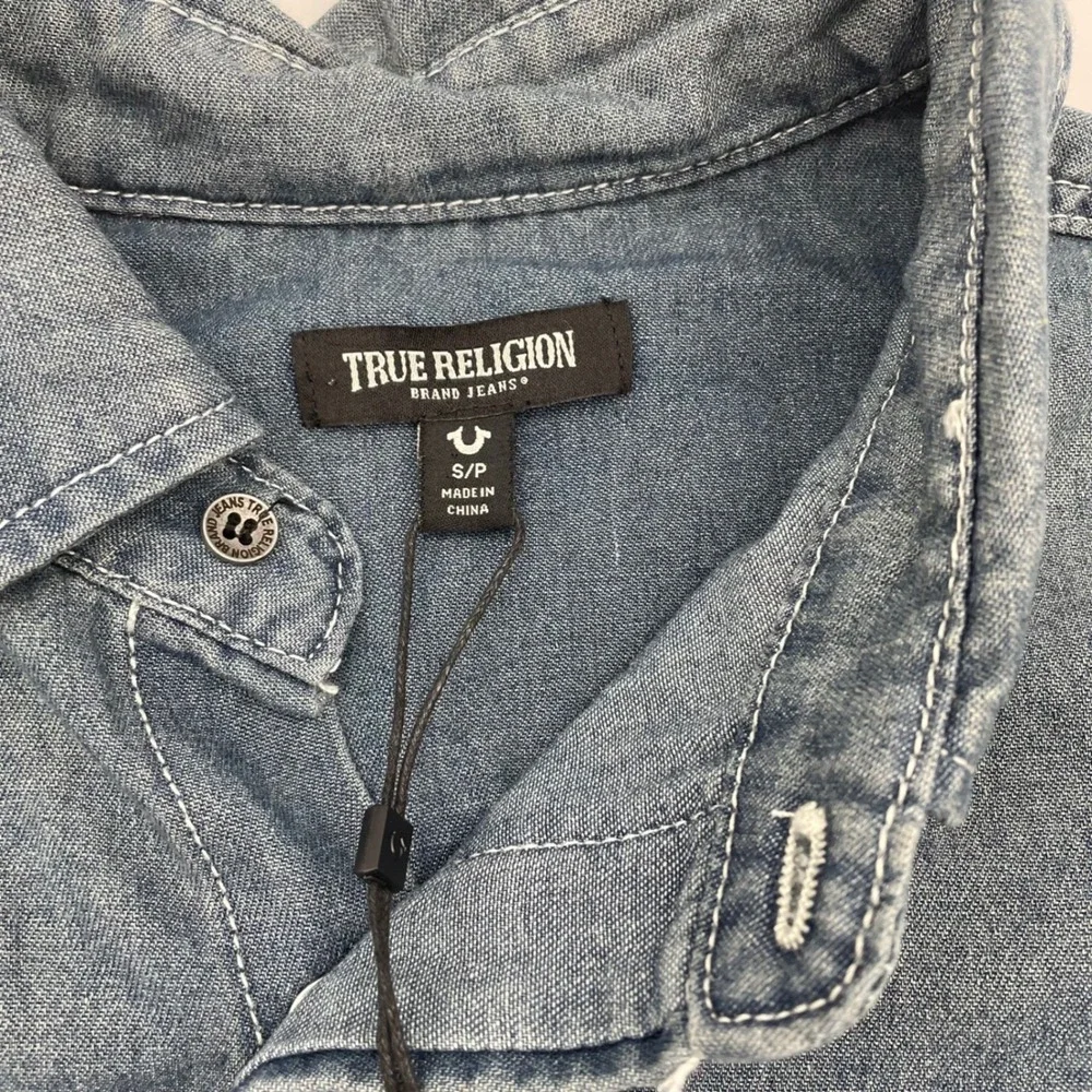 True Religion Mens Chambray Western Snap Shirt Buddha Logo Blue 700701 Small NWT